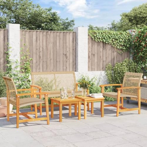 HUAKEHOM Gartenbank Garten Bank mit Rückenlehne Armlehnen Sitzbank mit Metallgestell Parkbank Außenbank Terrassenbank 5-TLG. Garten-Lounge-Set Beige Poly Rattan und Akazienholz von HUAKEHOM