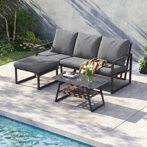 HUAKEHOM Gartenmöbel-Set Eckgarnitur Sofa + Couchtisch + Fußhocker verzinktes Stahlrohr Glastischplatte geeignet für Gärten Schwimmbäder und andere Außenbereiche grau von HUAKEHOM