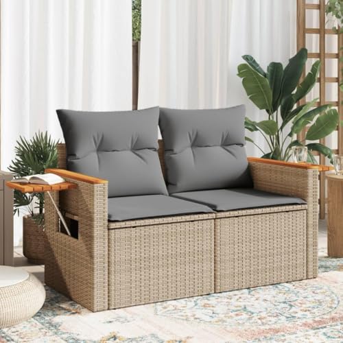 HUAKEHOM Gartensofa mit Kissen 2-Sitzer Sofa mit Staufach unter Sitzfläche Terrassensofa mit abnehmbarem waschbarem Bezug Gartenmöbel Terrassenmöbel Poly Rattan (Beige und Hellgrau) von HUAKEHOM