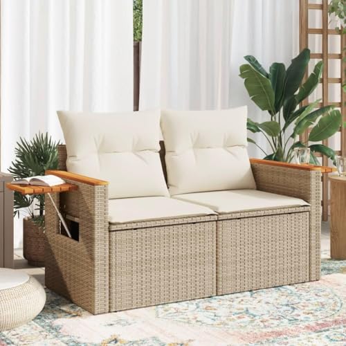 HUAKEHOM Gartensofa mit Kissen 2-Sitzer Sofa mit Staufach unter Sitzfläche Terrassensofa mit abnehmbarem waschbarem Bezug Gartenmöbel Terrassenmöbel Poly Rattan (Beige und Weiß) von HUAKEHOM