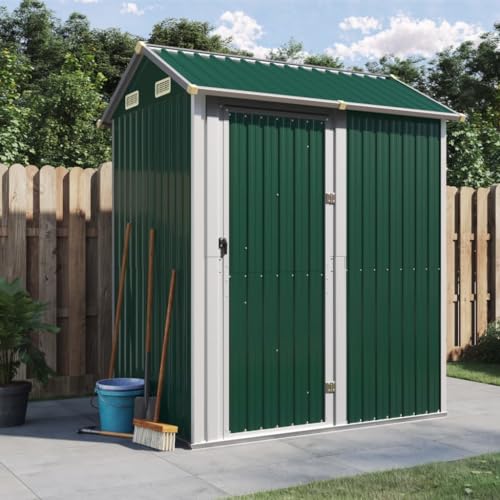 HUAKEHOM Gerätehaus Gartenhaus mit Schrägdach Tür Gartenschuppen Schuppen mit Stauraum Geräteschuppen Metallschuppen Grün 192x152,5x237 cm Verzinkter Stahl von HUAKEHOM