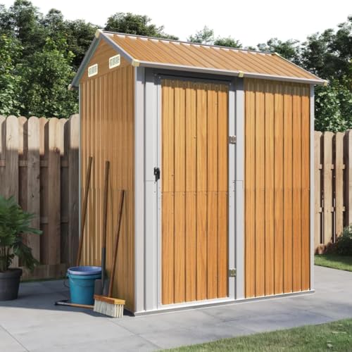 HUAKEHOM Gerätehaus Gartenhaus mit Schrägdach Tür Gartenschuppen Schuppen mit Stauraum Geräteschuppen Metallschuppen Hellbraun 192x152,5x237 cm Verzinkter Stahl von HUAKEHOM