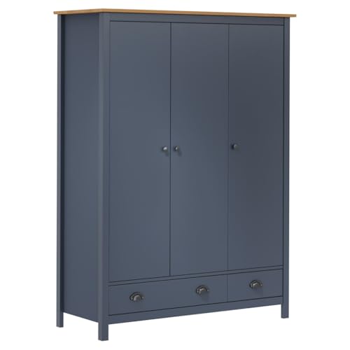HUAKEHOM Kiefernholz Massiv Kleiderschrank mit 3 Türen 2 Schubladen Garderobenschrank Holzschrank Schrank Schlafzimmerschrank Grau 127x50x170 cm von HUAKEHOM