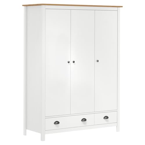 HUAKEHOM Kiefernholz Massiv Kleiderschrank mit 3 Türen 2 Schubladen Garderobenschrank Holzschrank Schrank Schlafzimmerschrank Weiß 127x50x170 cm von HUAKEHOM