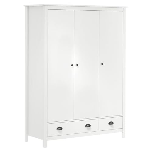 HUAKEHOM Kiefernholz Massiv Kleiderschrank mit 3 Türen 2 Schubladen Garderobenschrank Holzschrank Schrank Schlafzimmerschrank Weiß 127x50x170 cm von HUAKEHOM