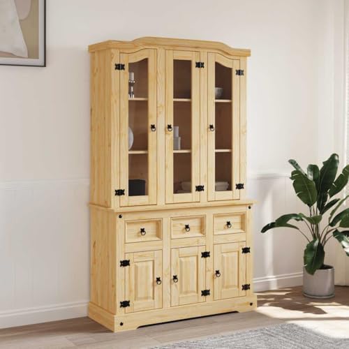 HUAKEHOM Massivholz Highboard Anrichte Wohnzimmerschrank Vitrinenschrank Buffetschrank Landhaus Corona 112x43x196 cm Massivholz Mexikanische Kiefer von HUAKEHOM