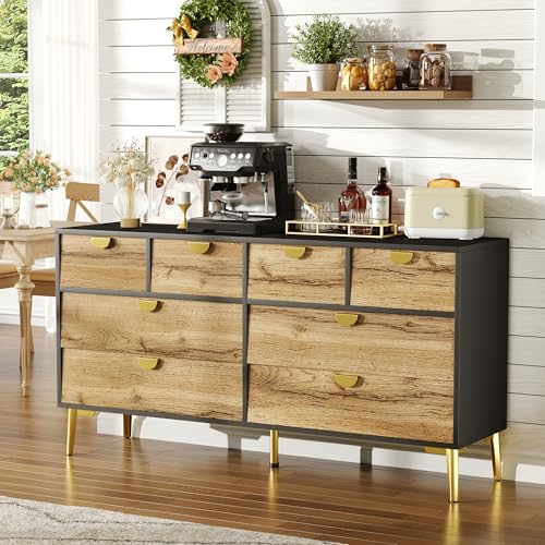 HUAKEHOM Moderne Sideboard mit 8 Schubladen Schwarz & Holzfarben Minimalistisches Design Goldene Metallgriff Metallfüße für Wohnzimmer und Esszimmer von HUAKEHOM