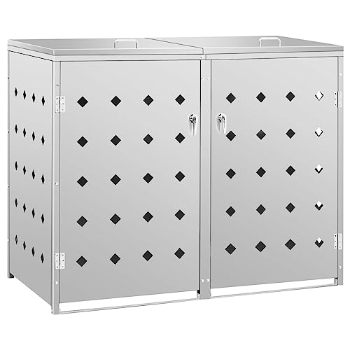 HUAKEHOM Mülltonnenbox für 2 Tonnen Müllbox Mülltonnenverkleidung Abschließbar Mülltonne Mülltonnenbox Müllcontainer Gerätebox 240L Silbern Edelstahl von HUAKEHOM