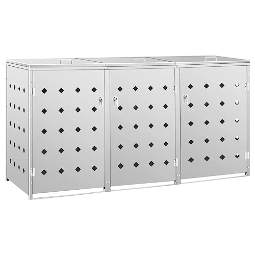 HUAKEHOM Mülltonnenbox für 3 Tonnen Müllbox Mülltonnenverkleidung Abschließbar Mülltonne Mülltonnenbox Müllcontainer Gerätebox 240L Silbern Edelstahl von HUAKEHOM