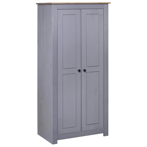 HUAKEHOM Panama Kiefernholz Massiv Kleiderschrank mit 2 Fächern 1 Kleiderstange Garderobenschrank Schlafzimmerschrank Schrank Grau 80x50x171,5 cm von HUAKEHOM