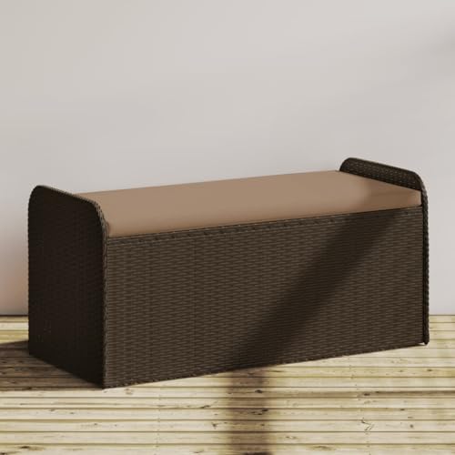 HUAKEHOM Sitzbank mit Stauraum Kissen Bank mit Staufach unter Sitzfläche Gartenbank mit abnehmbarem waschbarem Bezug Parkbank Gartenmöbel Braun 115x51x52 cm Poly Rattan von HUAKEHOM