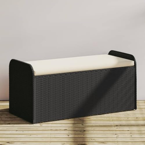 HUAKEHOM Sitzbank mit Stauraum Kissen Bank mit Staufach unter Sitzfläche Gartenbank mit abnehmbarem waschbarem Bezug Parkbank Gartenmöbel Schwarz 115x51x52 cm Poly Rattan von HUAKEHOM