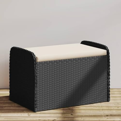HUAKEHOM Sitzbank mit Stauraum Kissen Bank mit Staufach unter Sitzfläche Gartenbank mit abnehmbarem waschbarem Bezug Parkbank Gartenmöbel Schwarz 80x51x52 cm Poly Rattan von HUAKEHOM