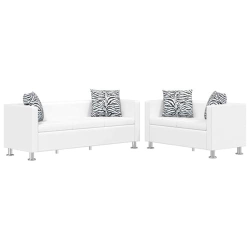 HUAKEHOM Sofa Set 3-Sitzer + 2-Sitzer Kunstledersofa Sofagarnitur Loungesofa Couch mit Kissen Weiß von HUAKEHOM
