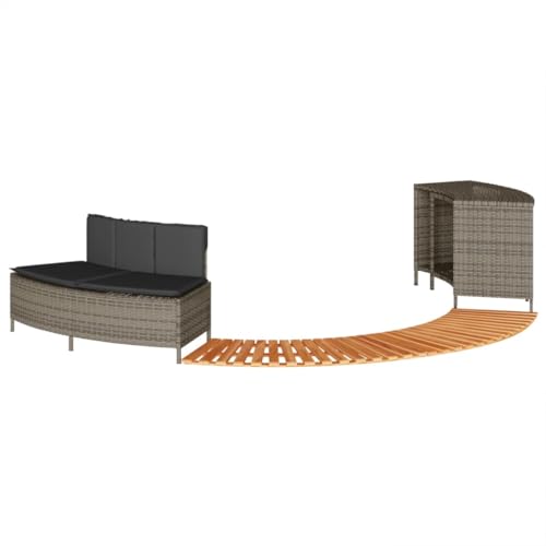 HUAKEHOM Whirlpool Umrandung Poolumrandung mit Regal Holzstufe Gartenbank Poolverkleidung mit Stahlrahmen Einfassung Grau Poly Rattan und Massivholz Akazie von HUAKEHOM