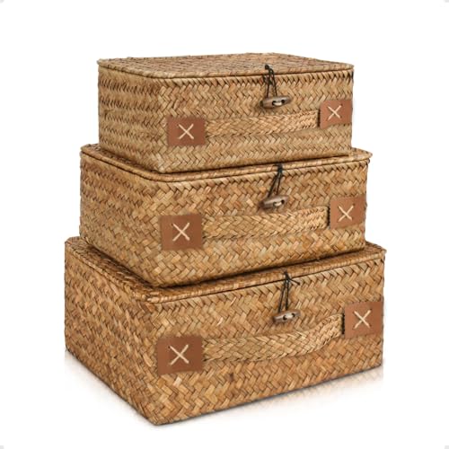 HUALIANG Rattan Aufbewahrung Korb mit Deckel,3 Pieces Natürliches Seegras Geflochtener Regalkörbe,Multifunktionaler Aufbewahrungsbox zum von Spielzeug Kosmetika badezimmer toilettenpapier aufbewahrung von HUALIANG