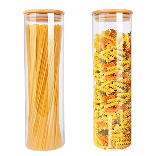 Vorratsdosen Glas 2er Set,1500ML Vorratsgläser mit Deckel aus Bambus, Φ8.5cm Glasbehälter mit Etiketten, Luftdicht Küche Verratsgläser für Spaghetti,Kaffee,Müsli,Bohnen, Spülmaschinenfest, Hoch 28cm von HUALIANG