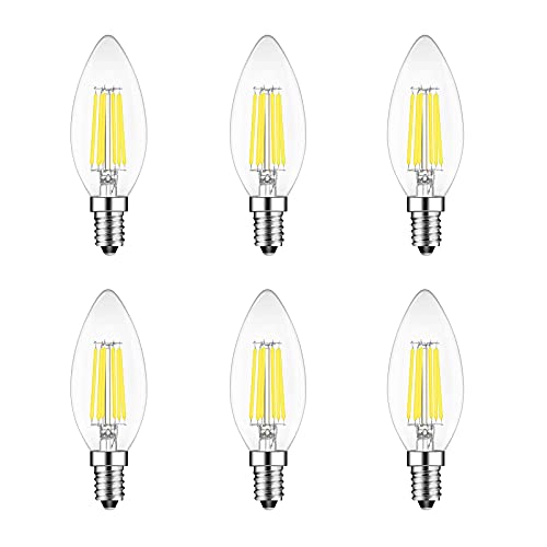 6er 6W E14 Kerze LED Lampe, Kein Flackern Dimmbar Filament Lampe E14 Glühfaden ersetzt 60W Glühlampe, Huamu LED Lighting kaltweiß 6500K Fadenlampe, Glas, 360° Abstrahlwinkel von HUAMu