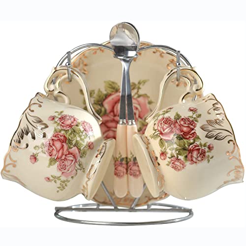 HUAMu Englisches Elfenbein-Teetassen- und Untertassen-Set, Vintage-Teetassen und Untertassen-Set, Keramik-Teeservice-Set Mit Rosa Rose von HUAMu