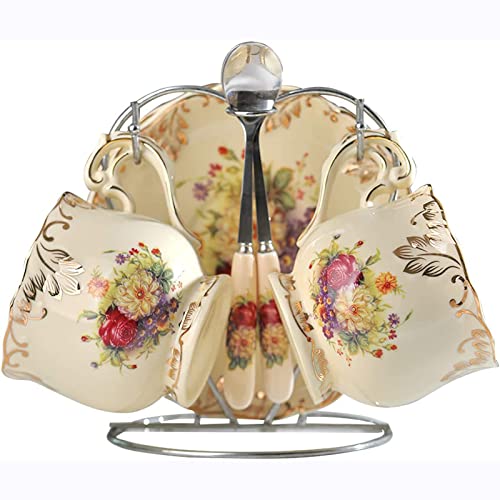 HUAMu Keramik-Teetassen und Untertassen-Set, Vintage Gänseblümchen aus elfenbeinfarbenem Porzellan mit goldenen Blättern, Teetassen, 220 ml, 2er-Set mit Ständer HUAMu Keramik-Teetassen und Untertassen-Set, Vintage Gänseblümchen aus elfenbeinfarbenem Porzellan mit goldenen Blättern, Teetassen, 220 ml, 2er-Set mit Ständer von HUAMu