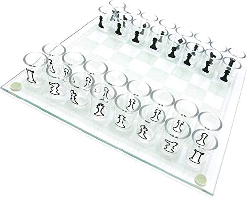Glas-Schachspiel, kristallklares Dame-Schuss-Trinkspiel-Set mit 32 bleifreien Gläsern (1,5 Zoll), Trinkspiel-Set, Schach-Set für Erwachsene – Spielbrett aus Glas, 25 x 25 cm von HUANGEDQ