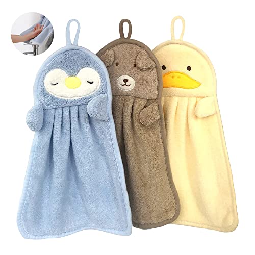 Brateuanoii 3 Stück Süßes Handtücher für Küche, Kinder Hand Handtuch Süßer Tier, Süßes Tier Waschlappen, Super Saugfähiges Korallen-Fleece-Handtuch mit Aufhängeöse für Küche und Bad von Brateuanoii