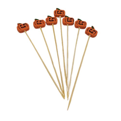 100 Stück Halloween-Kürbis-Cocktail-Sticks aus natürlichem Bambus, Zahnstocher mit Dekoration, 12 cm, Cocktail-Picker für Halloween-Kürbis-Cocktails von HUANIZI