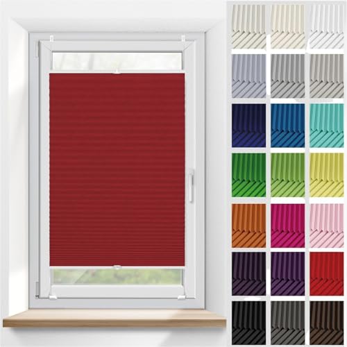 Plisseerollo Faltrollo Plissee ohne Bohren 95 x 115 cm, Klemmträger Befestigung klemmträger, Wabenplissee ohne Bohren Verdunklung, Plisseerollo Sichtschutz, für Fenster & Tür, Rot von HUANQIN
