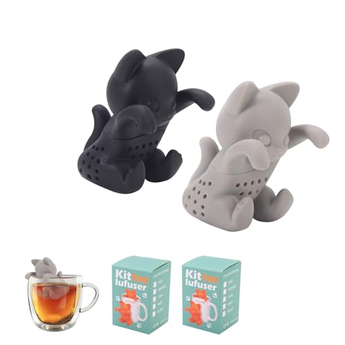 HUANR 2 Stück Teesieb Lustig, Tea Strainer Silikon Tee Sieb, Kätzchenform Teeei für Losen Tee, Schwarz Grau Teesieb für Tasse, zur Teezubereitung, Einweihungsgeschenk, Geschenk für Teeliebhaber von HUANR
