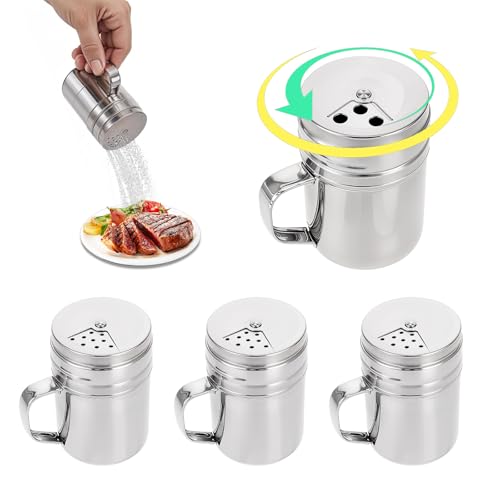 HUANR 4 Stück Gewürzstreuer Edelstahl, mit Griff Staubzuckerstreuer, Rotierender Salz Pfefferstreuer, Abdeckung mit 3 Arten von Öffnungspulversieb, für Zuhause, Picknick, Grillen von HUANR