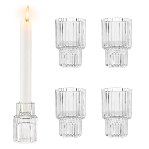 HUANR 4 Stück Stabkerzenhalter Glas, Transparentes Glas Kerzenhalter, Dual Purpose Kerzenhalter Stabkerzen, Vertikales Streifendesign, für Zuhause, Party, Dekoration von HUANR