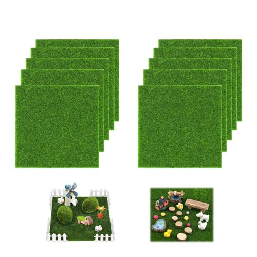 HUANR Kunstrasen zum Basteln, 10 Stück Kunstrasenteppich, 15 × 15 cm Emulation Rollrasen, Modellbau Rasen, Künstlicher Teppichrasen für Kunstrasen Deko, Balkon, Garten und Szeneneinstellungen von HUANR