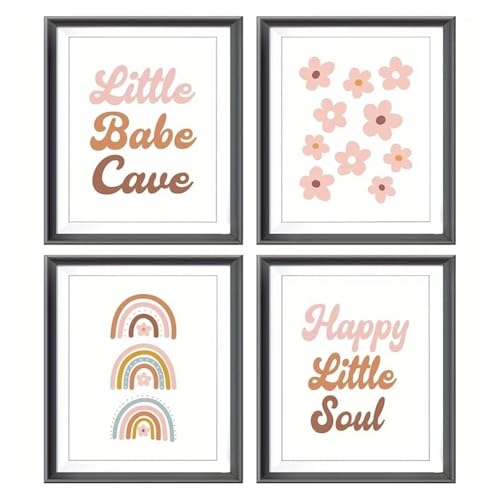 HUANTY Wandbilder auf Leinwand 4 Stück Boho Kinderzimmer Wandkunstdrucke Rahmenlos Little Babe Cave Happy Little Soul Regenbogen Blumen Dekorationen(50x70cm) von HUANTY