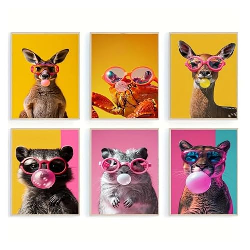 HUANTY Wandbilder auf Leinwand 6-teiliges Leinwandbild-Set Mit Wildtieren Im Zoo – Rahmenlose Wanddrucke Krabben, Löwen, Kängurus, Waschbären, Murmeltieren Und Hirschen(58x78cm) von HUANTY