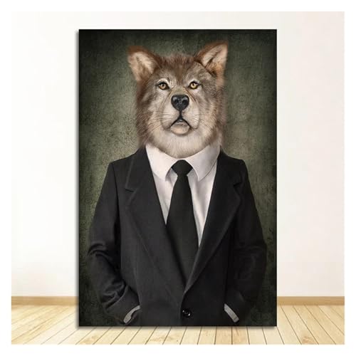 HUANTY Wandbilder auf Leinwand Leinwandmalerei Tiere Im Stoff Retro-Stil Wandkunst Löwe Trägt Einen Anzug Poster Wolf Elefant Druckbild(EIN,40X50cm) von HUANTY