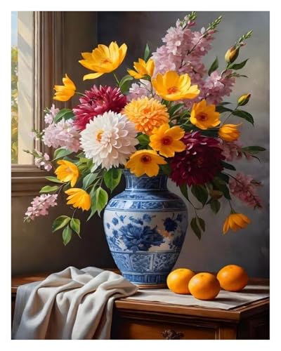 HUANTY Wandbilder auf Leinwand Moderne Klassische Retro-Stillleben-Vase Schöne Blume Illustration Kunstwerk Poster Kein Rahmen Leinwand Gemälde Home Decor(H,40x60cm) von HUANTY