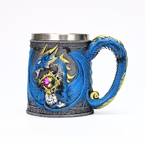 HUAPOPMU Creative Retro Gothic Legendary Dragon Beer Stein Resin Hand Painted Stainless Steel Drinkware Coffee Cup Mug Home Decoration (Blue) von HUAPOPMU