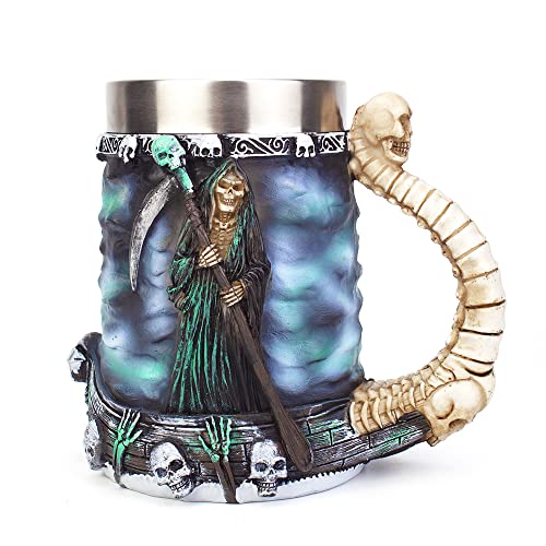 HUAPOPMU Grim Reaper Becher 304 Stainless Steel Resin Material Beer Stein Coffee Cup Halloween Dead Skulls Reaper Decoration Cup (088) von HUAPOPMU