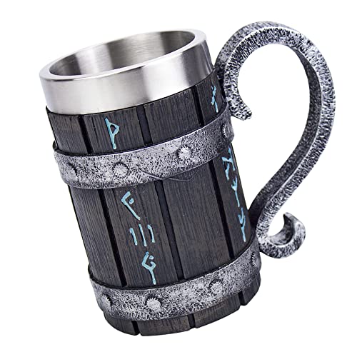 HUAPOPMU Nordic Viking Rune Mug Stainless Steel Tankard 3D Norse Dekor Kaffee Cool Gothic Beer Cup Mugs 600ml von HUAPOPMU