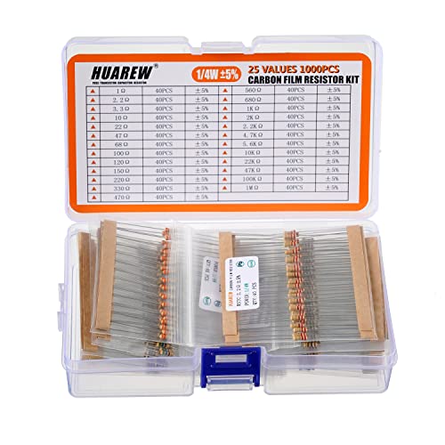 HUAREW Kohleschicht Widerstände Sortiment Kit 1 Ohm-1M Ohm 1/4W Carbon Film resistors kit Widerstand Sortiment kit (25 Werte 1000 Stück) von HUAREW