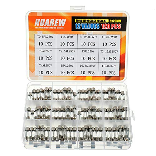 HUAREW 12 Werte 120 Stück 5x20 mm Langsam schmelzen Glas sicherungen 0,2 x 0,78 Zoll 250 V Volt T0,5 T1 T1,25 T1,6 T2 T2,5 T3 T3,15 T4 T5 T6,3 T10 Ampere Kit von HUAREW