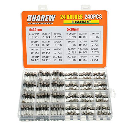 HUAREW 24 Werte 240 Stück Flach Glassicherungen 250 V Volt 5x20 mm 0,5 1 1,6 2 3 4 5 6,3 8 10 15 20 A 6x30 mm 0,5 1 2 3 4 5 6 7 8 10 15 20 A. Verstärker-Sortiment-Set von HUAREW