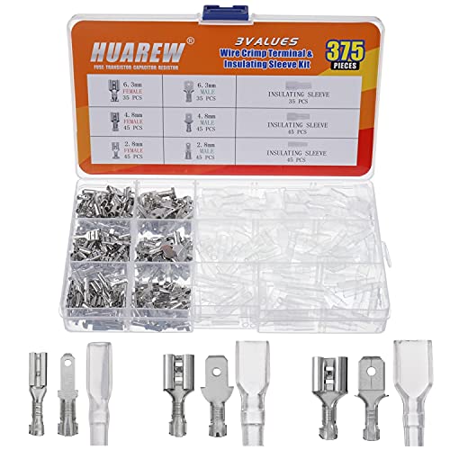 HUAREW 3 Werte 375 Stück 2,8/4,8/6,3 mm Kabelstecker und -buchse Kabelschuh-Anschluss Crimpanschluss Isolierhülsen-Kit für die elektrische Verkabelung von Auto-Audiolautsprechern von HUAREW