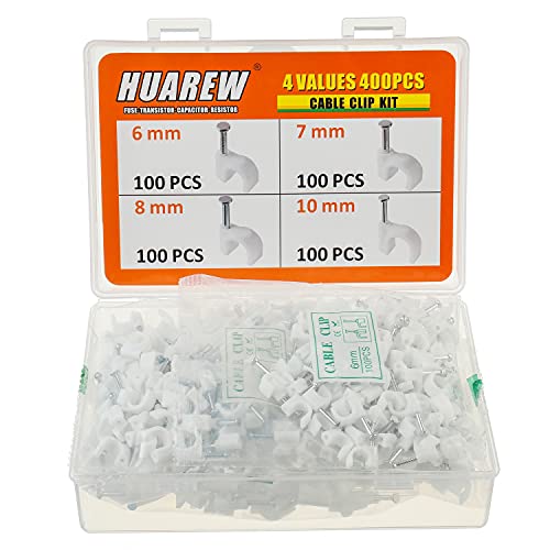 HUAREW 4 Größen 400 Stück weiße Kunststoff-Stahl-Nagelkabel-Clips für RG6 RG59 CAT5 CAT6 Ethernet/TV-Draht/Telefon/LED-Starlight/Druckkabel, runde Management-Kabel-Drahtklemmen 6/7/8/10 mm von HUAREW