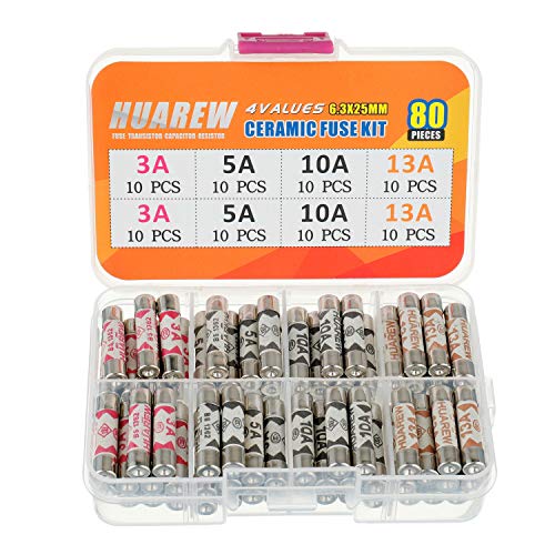 HUAREW 4 Values 80 Pcs 6.3x25 mm BS1362 3 5 10 13 A amp 240 V volt 0.248x0.984 Inch Ceramic Tube Fuses Assortment Kit von HUAREW