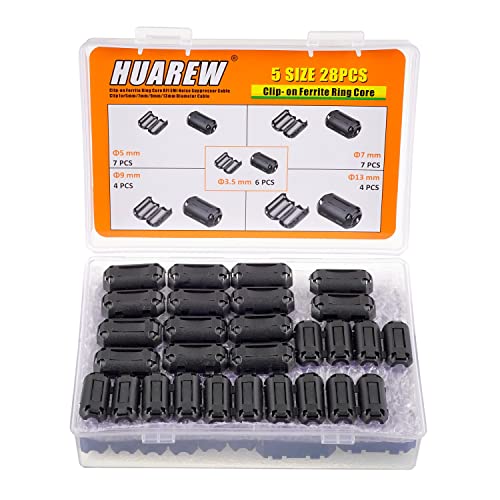 HUAREW 5 Werte 28 Pcs Schwarz Clip-on Ferrit Ring Kern RFI EMI Rauschunterdrücker Kabel Clip für 3.5mm 5mm 7mm 9mm 13mm Durchmesser Kabel von HUAREW