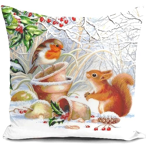 HUASHUZI Kissenbezug für Weihnachten, Tier, Schnee, Winter, Dekoration, Kunst, Geschenke, Eichhörnchen, Vogel, Kissenbezug für Zuhause, Zimmer, Dekokissen, Dekoration, Wohnzimmer, Couch, Bett, Sofa, von HUASHUZI