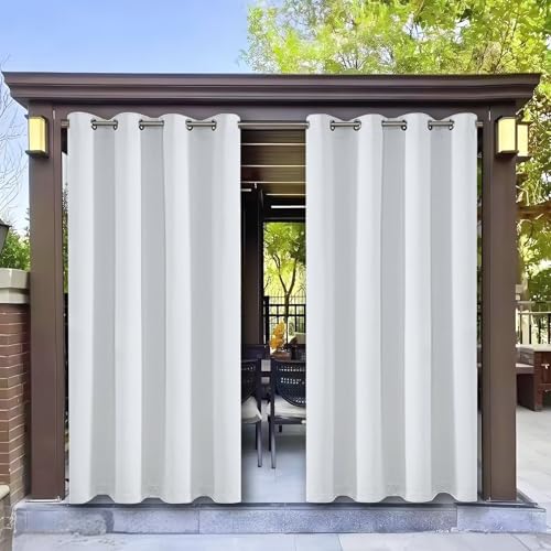 Balkon Vorhang Outdoor Extra Breit Wasserdicht mit ösen Oben Einfachen Aufhängen Balkon Terrasse Vorhänge für Garten Strand Terrasse Patio Pavillon H225 x B355 cm (1er Pack) Weiß von HUAXIQUE