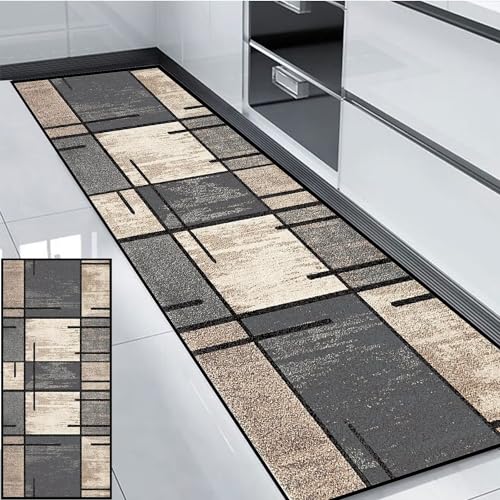 HUAXIQUE Flur Teppich rutschfest Teppich Terasse rutschfest Outdoor Teppich Wetterfest Terasse Grau Beige Teppich Läufer für Balkon Küche Wohnzimmer DraußEn Schlafzimmer 90x240cm Stil A von HUAXIQUE