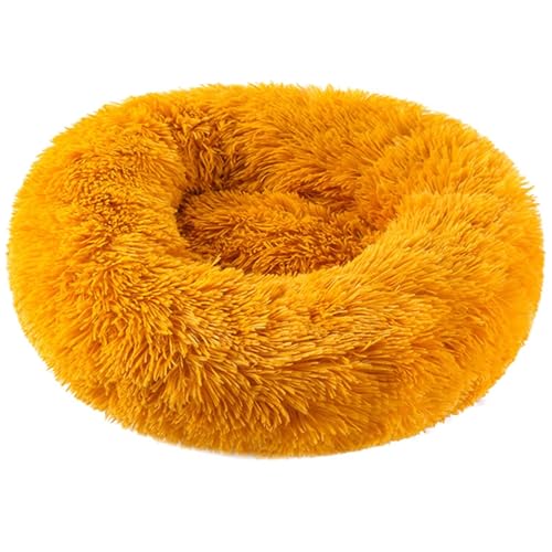 HUAXIQUE Hundebett Donut Anti Stress Hundebett Hundebett Rund Hundekissen Plüsch Donut undekissen Waschbar Flauschig Hundematte Flauschiges Hundebett 50cm Goldgelb von HUAXIQUE